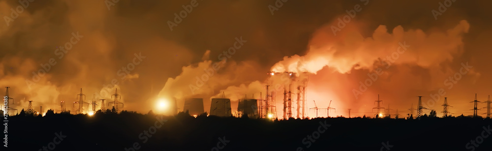landscape night smoke pipe industry / factory landscape horizontal, concept pollution, smoke, ecology
