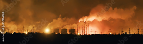 landscape night smoke pipe industry / factory landscape horizontal, concept pollution, smoke, ecology