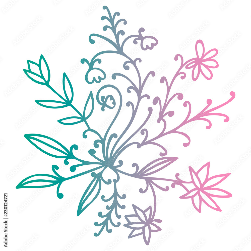 Fototapeta premium Icon thin line doodle floral round element with flowers, branches and leaves isolated on white background. Vector illustration.