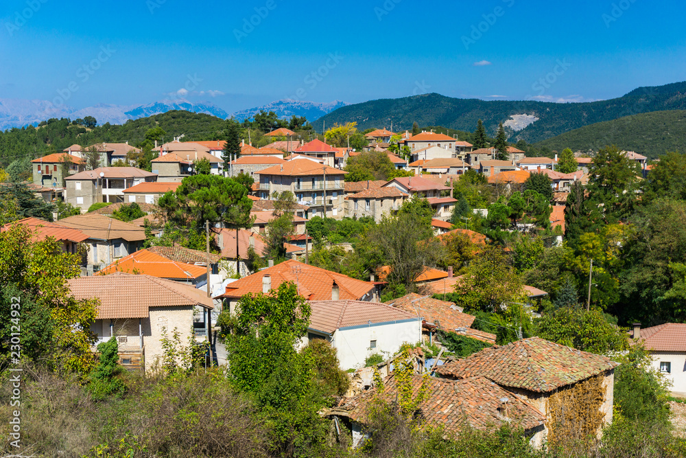 Panoramic view of Vitina village, a winter destination in mountainous Arcadia, in Peloponnese, Greece.