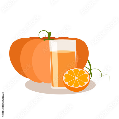 glass of drink with pumpkin and orange, vector illustration.