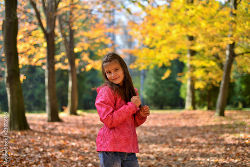 A teenage girl with her hair down walks in the forest Park in the Golden autumn.