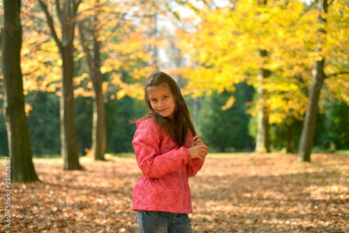 A teenage girl with her hair down walks in the forest Park in the Golden autumn.