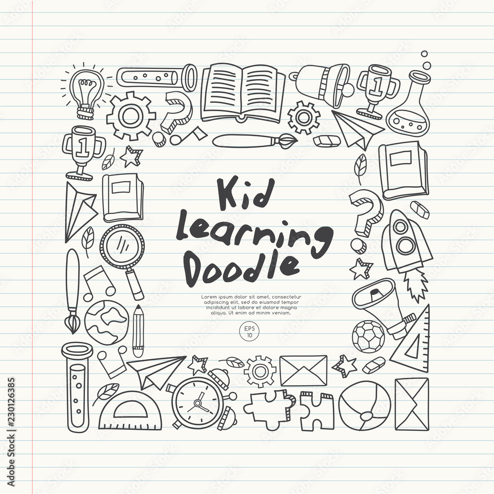 Set of hand drawn kid learning doodles  : Vector Illustration