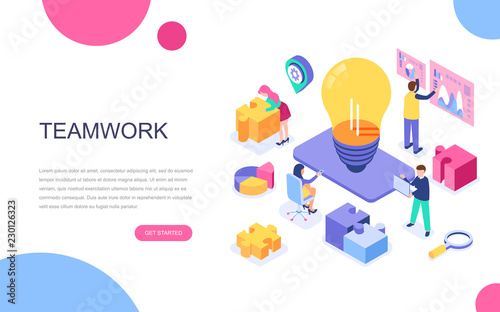 Modern flat design isometric concept of Teamwork for banner and website. Isometric landing page template. Business management, online communication and finance. Vector illustration.