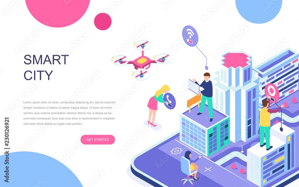 Modern flat design isometric concept of Smart City for banner and website. Isometric landing page template. Business center with skyscrapers, streets of the city connected roads. Vector illustration.