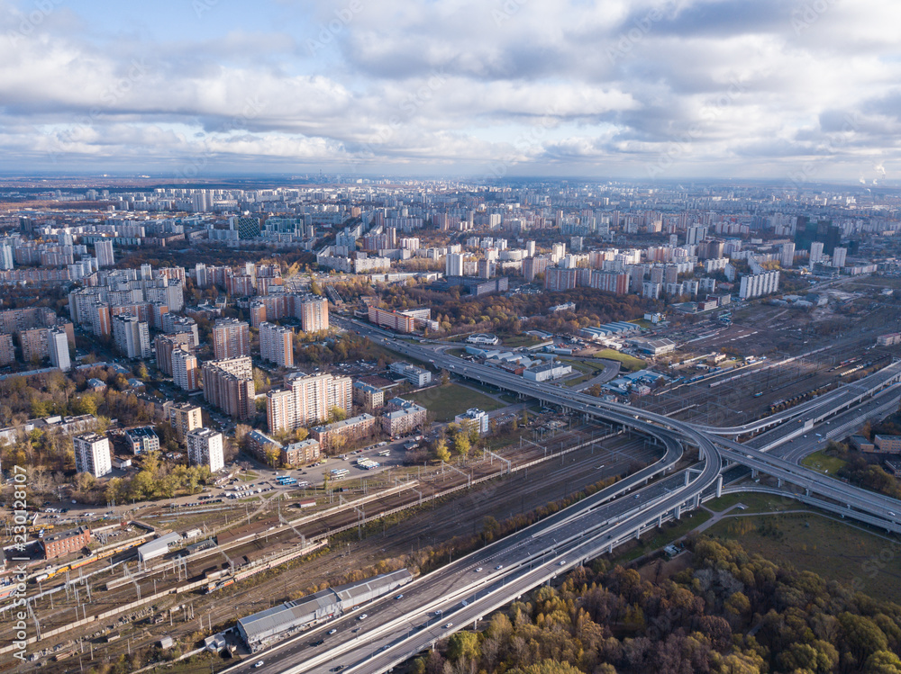 Drone view of Degunino Moscow district with modern road infrustructure