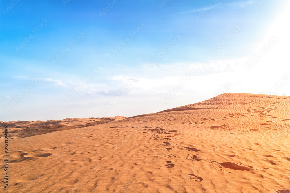 Desert landscape. Orange dunes with traces of legs and tires of SUVs. The blue sky on a background and brightly shining sun