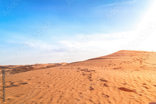 Desert landscape. Orange dunes with traces of legs and tires of SUVs. The blue sky on a background and brightly shining sun