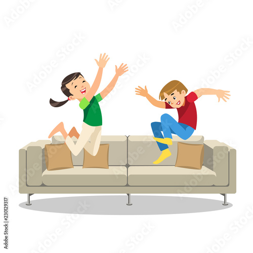 Happy Boy and Girl Jumping on Sofa Cartoon Vector