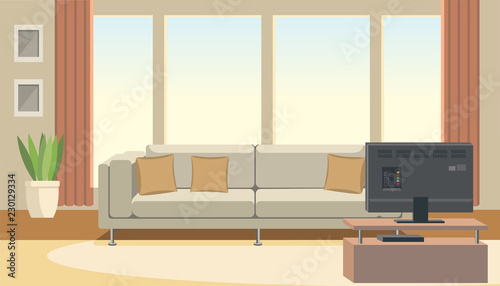 Living Room Interior with Sofa and TV Flat Vector