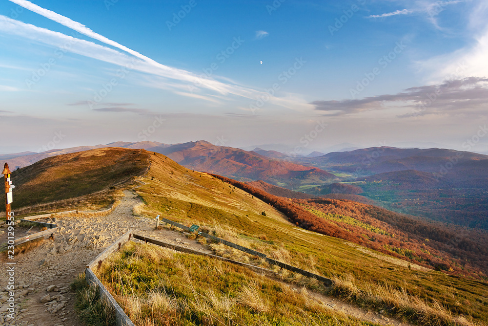 Fototapeta premium Sunset in the autumn in the mountains. Bieszczady National Park - Caryńska meadow - Poland.