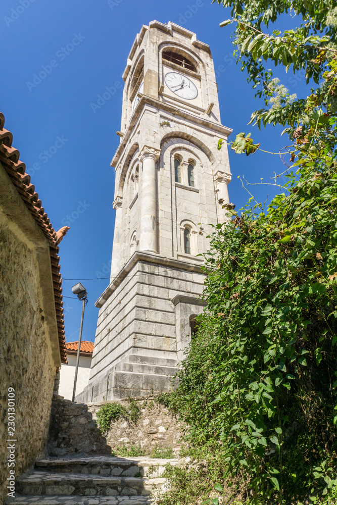 Clock tower of Dimitsana village, a popular winter destination in mountainous Arcadia in Peloponnese, Greece