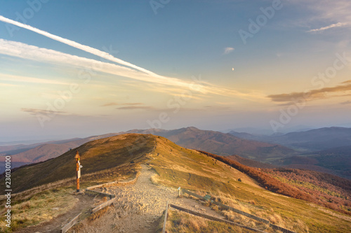 Sunset in the autumn in the mountains. Bieszczady National Park - Caryńska meadow - Poland.