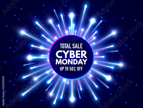 Cyber Monday total sale banner with bright fireworks and sparkles. Blue and violet luminous signboard, nightly advertising. Annual sale background. Good deal promotion. Vector illustration