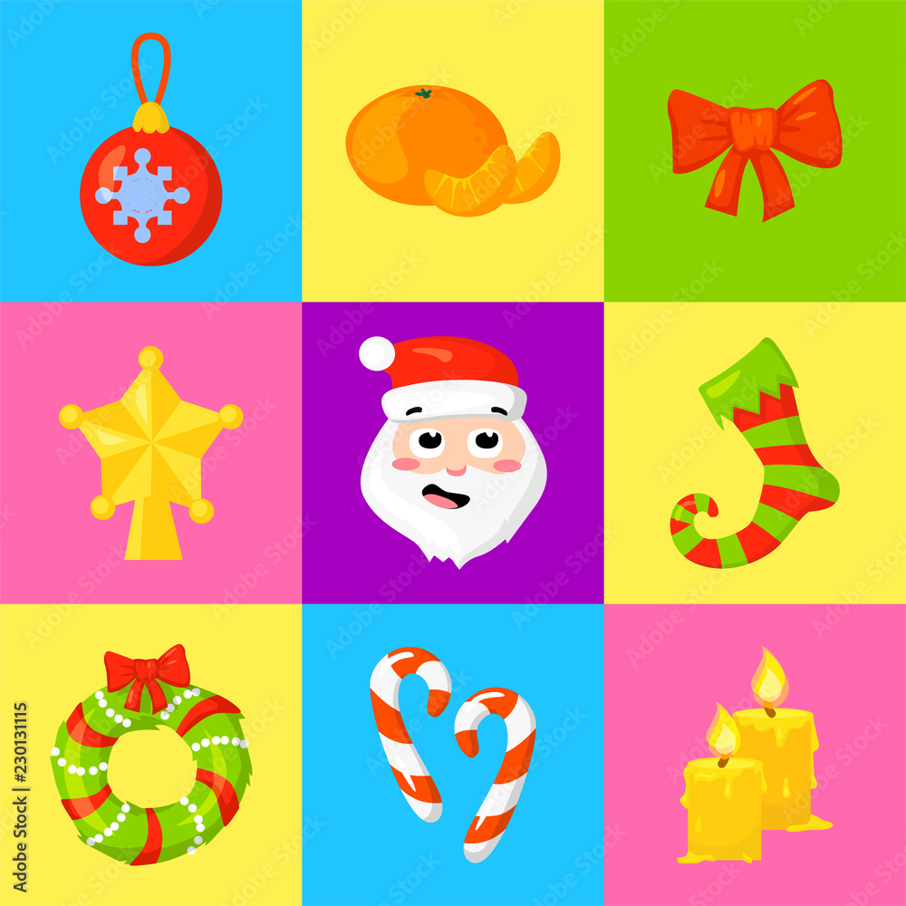 Fototapeta premium Christmas Icon Set Collection Vector. cartoon. New year traditional symbols. icons objects. Isolated