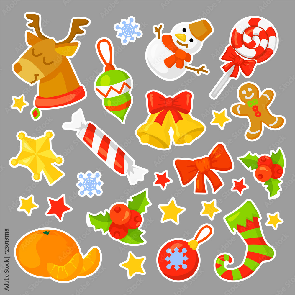 Christmas stickers Set Collection Vector. cartoon. New year traditional symbols. icons objects. Isolated