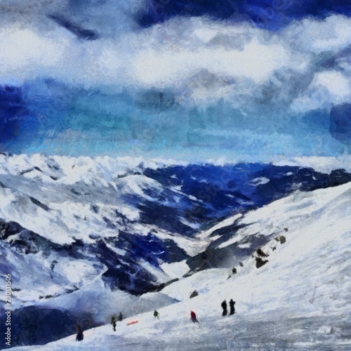 Hand drawing watercolor art on canvas. Artistic big print. Original modern painting. Acrylic dry brush background. Vintage mountain snow landscape. Active travel. Tourism location. Skiing resort
