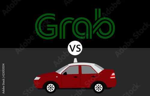 Grab and red-white Malaysia Taxi or Cab