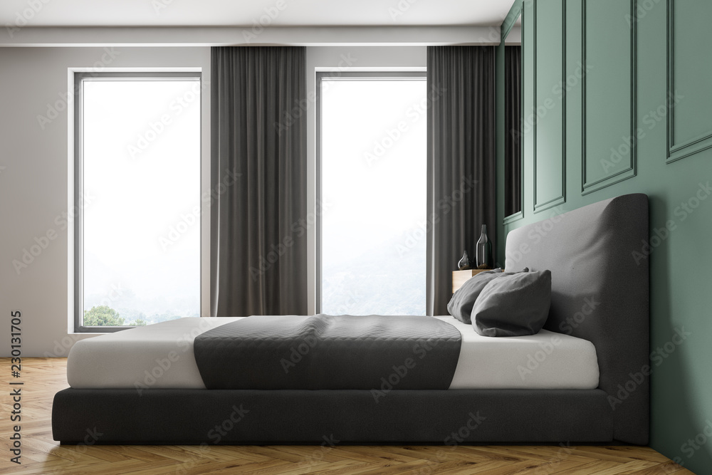 Fototapeta premium Green wall bedroom interior, side view