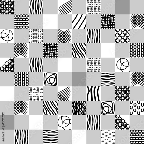 Seamless abstract hand drawn pattern with black strokes on a white background