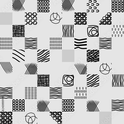 Seamless abstract hand drawn pattern with black strokes on a white background
