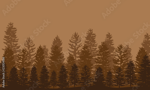 Vector forest landscape. Forest silhouette. Brown forest background.