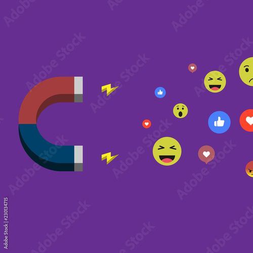 Social media concept vector illustration with magnet engaging followers and like