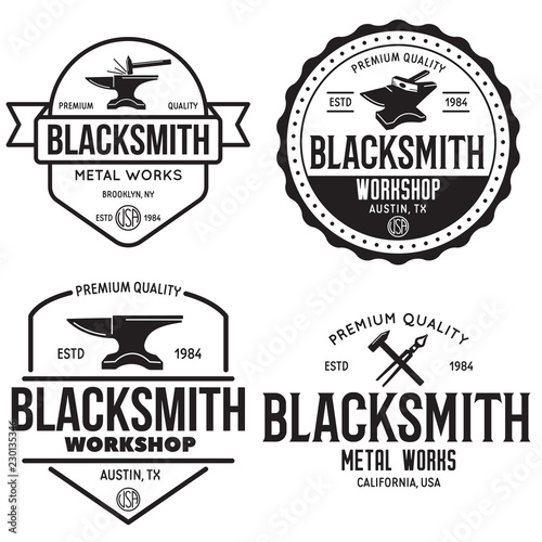 Blacksmith labels set. Design elements for metalworks service emblems, badges, logos. Monochrome seal collection.