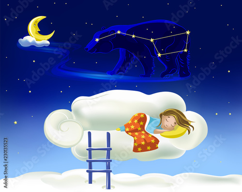 Ursa Major constellation on night sky  and a little girl sleeping on a cloud. The Great Bear (with lines) constellation. Vector illustration.