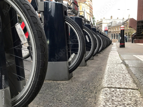 Row of rental bikes in London, UK.
