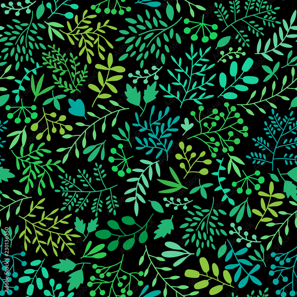 Green floral pattern seamless black background. Print Stock Vector | Adobe  Stock