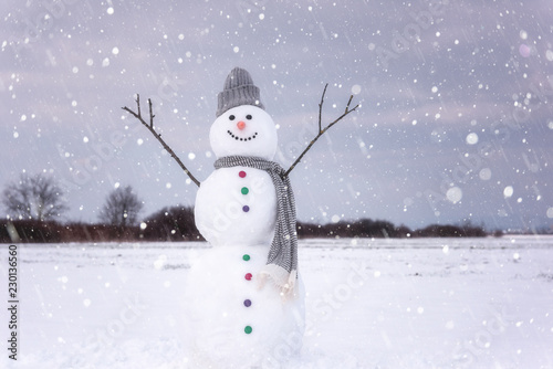 Cute smiling snowman in snowfall, happy winter concept © larauhryn