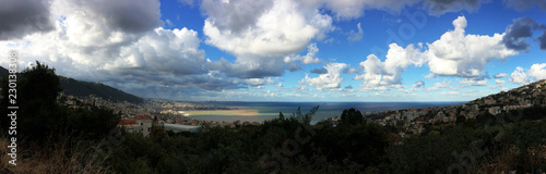 Panoramic view of Lebanese coast shot after storm from Ghazir with jounieh and Beirut in a far end photo