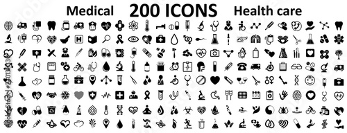 Set 200 Medecine and Health flat icons. Collection health care medical sign icons – for stock photo