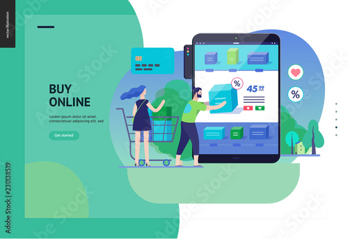 Business series, color 3 - buy online shop - modern flat vector illustration concept of man and woman shopping online Website interaction and purchasing process. Creative landing page design template