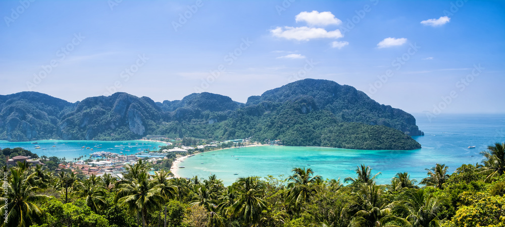 Amazing view of bay Koh Phi Phi Don in andaman sea from View Point. Island Koh Phi Phi Don, Krabi, South Thailand. Panorama
