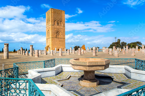 Beautiful square with Hassan tower at Mausoleum of Mohammed V in Rabat, Morocco on sunny day