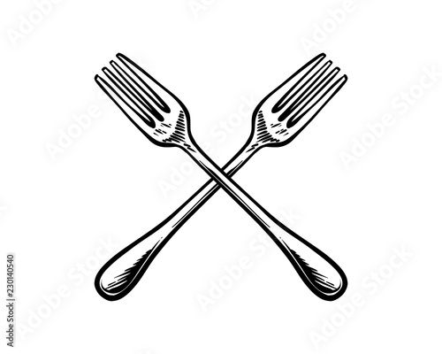 Line Art Hand Drawn Vector Crossed Fork for Cooking or Eating in the Restaurant Sign Symbol Icon Logo Template Design Inspiration