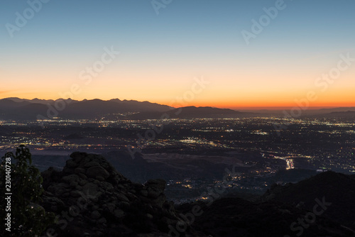 Predawn mountaintop cityscape view of the San Fernando Valley in Los Angeles California.  Shot from Rocky Peak Park near Simi Valley.   © trekandphoto