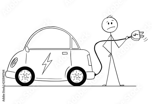 Cartoon stick drawing conceptual illustration of man holding cable and who wants to charge his electric car.