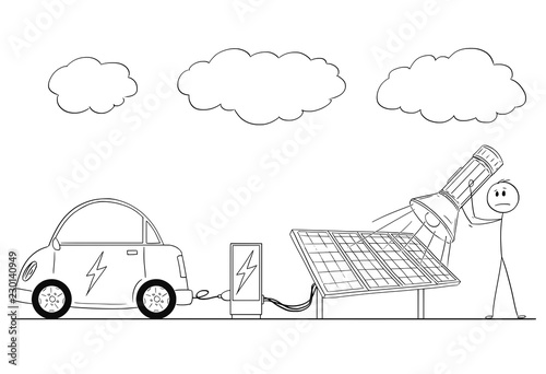 Cartoon stick drawing conceptual illustration of man charging electric car by power from solar power plant during overcast and using flash light as energy source.
