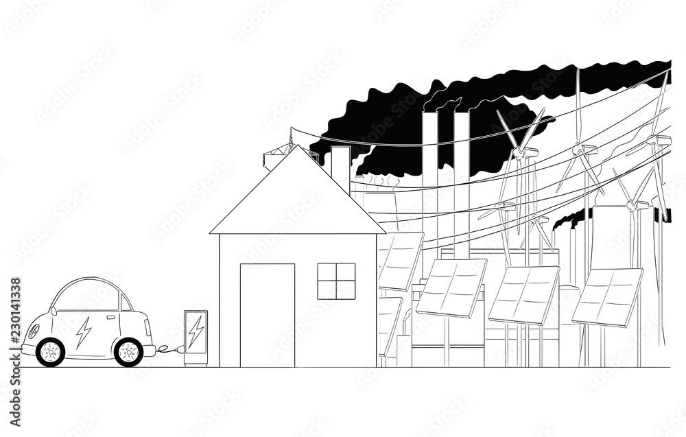 Cartoon drawing conceptual illustration of electric car recharger by family house with massive electrical grid infrastructure on background.