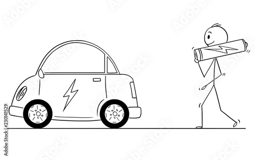 Cartoon stick drawing conceptual illustration of man carrying big AA battery as power source for electric car.