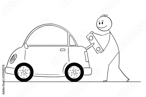 Cartoon stick drawing conceptual illustration of smiling man winding up or charging electric car by toy key, happy to save the nature and environment.