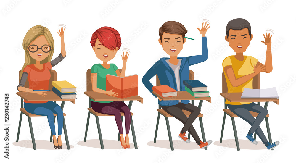 students in classroom studying. group of multiethnic diverse hands raised. four people sit on a chair in the classroom. Cartoon illustrated vector isolated on white background. students in classroom studying. group of multiethnic diverse hands raised. four people sit on a chair in the classroom. Cartoon illustrated vector isolated on white background.