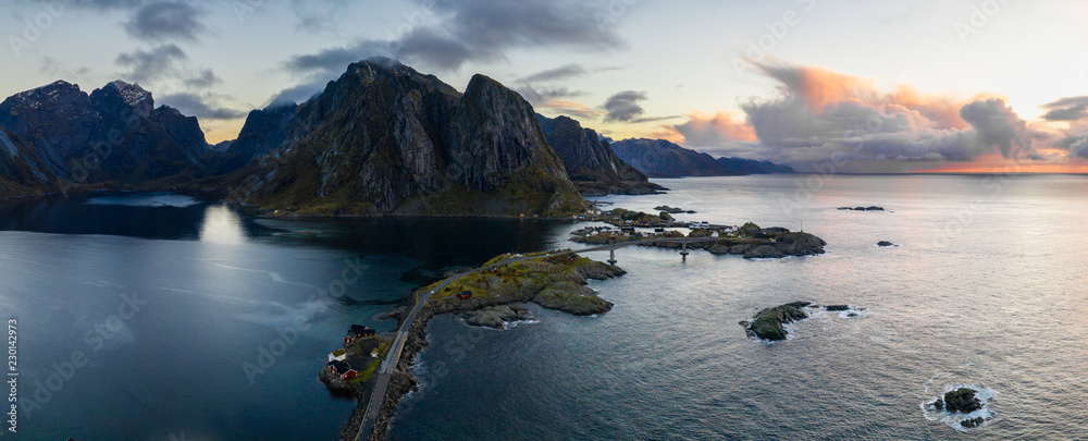 Aerial panorama of Lofoten Archipelago with view of Hamnoy and Lofoten at sunset