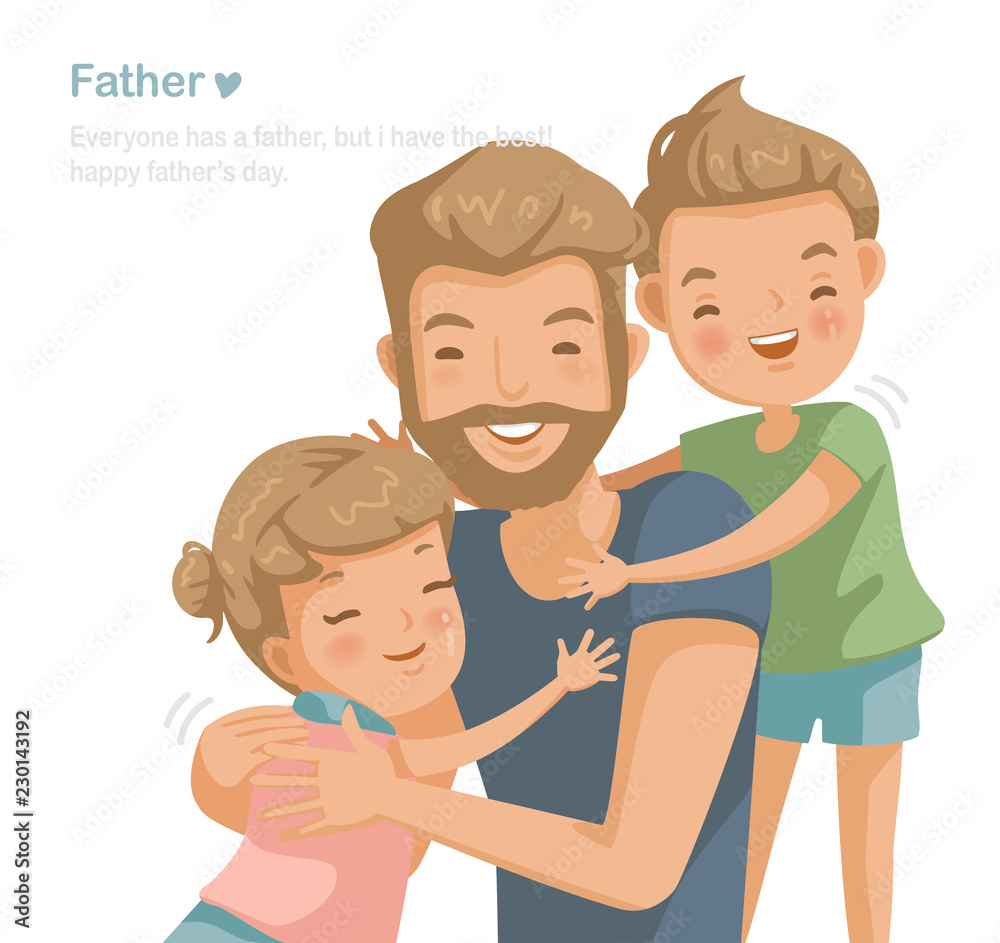 Father son and daughter hugging, Handsome young man playing with children  at their home together. Family love affair, care, collateral, insurance and  scholarship. Cartoon character used widely. vector Stock Vector | Adobe