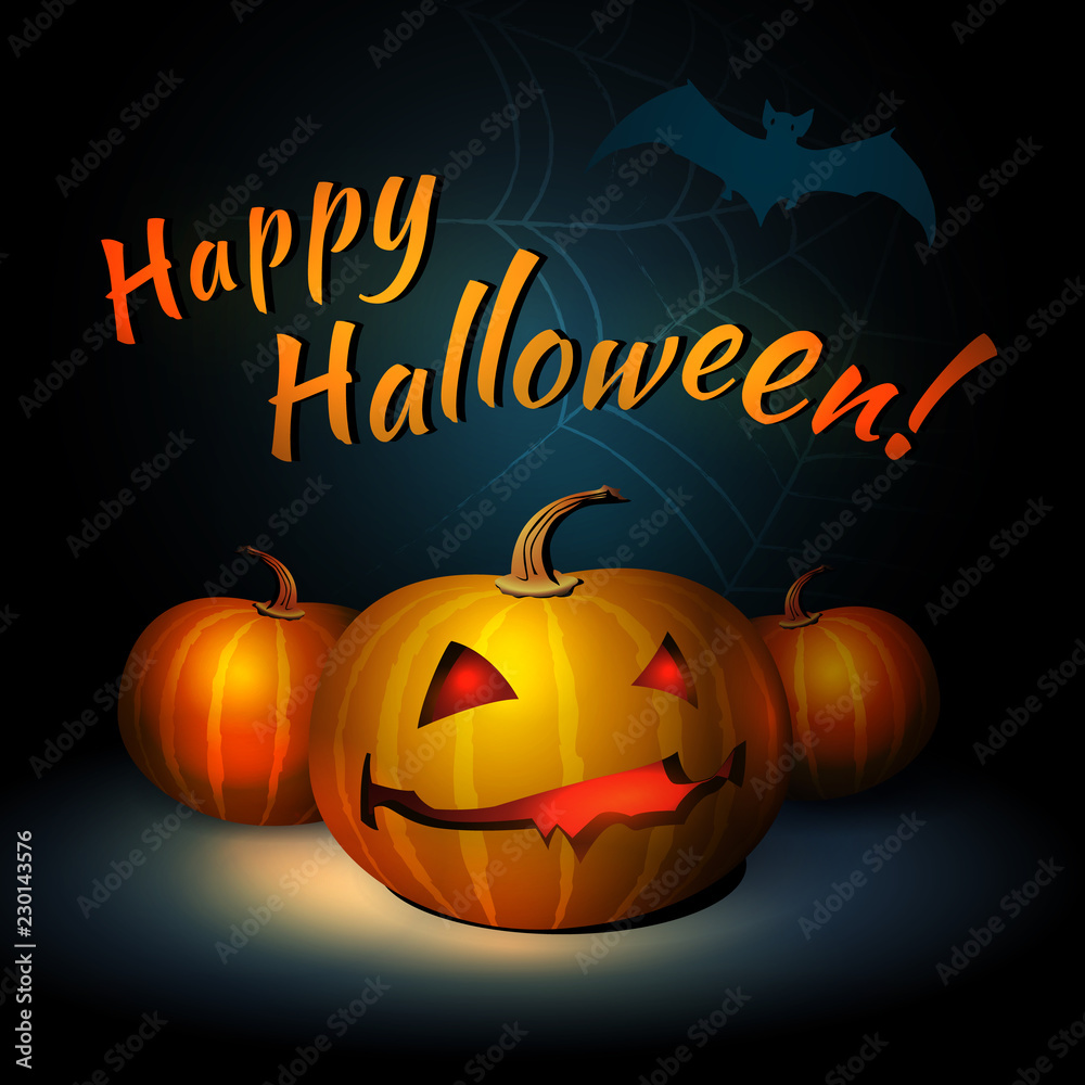 Happy Halloween Illustration With Pumpkin And Bat Happy Halloween Illustration With Pumpkin And Bat