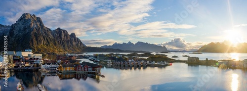 Beautiful sunrise panorama above Svolvaer with mountains in background